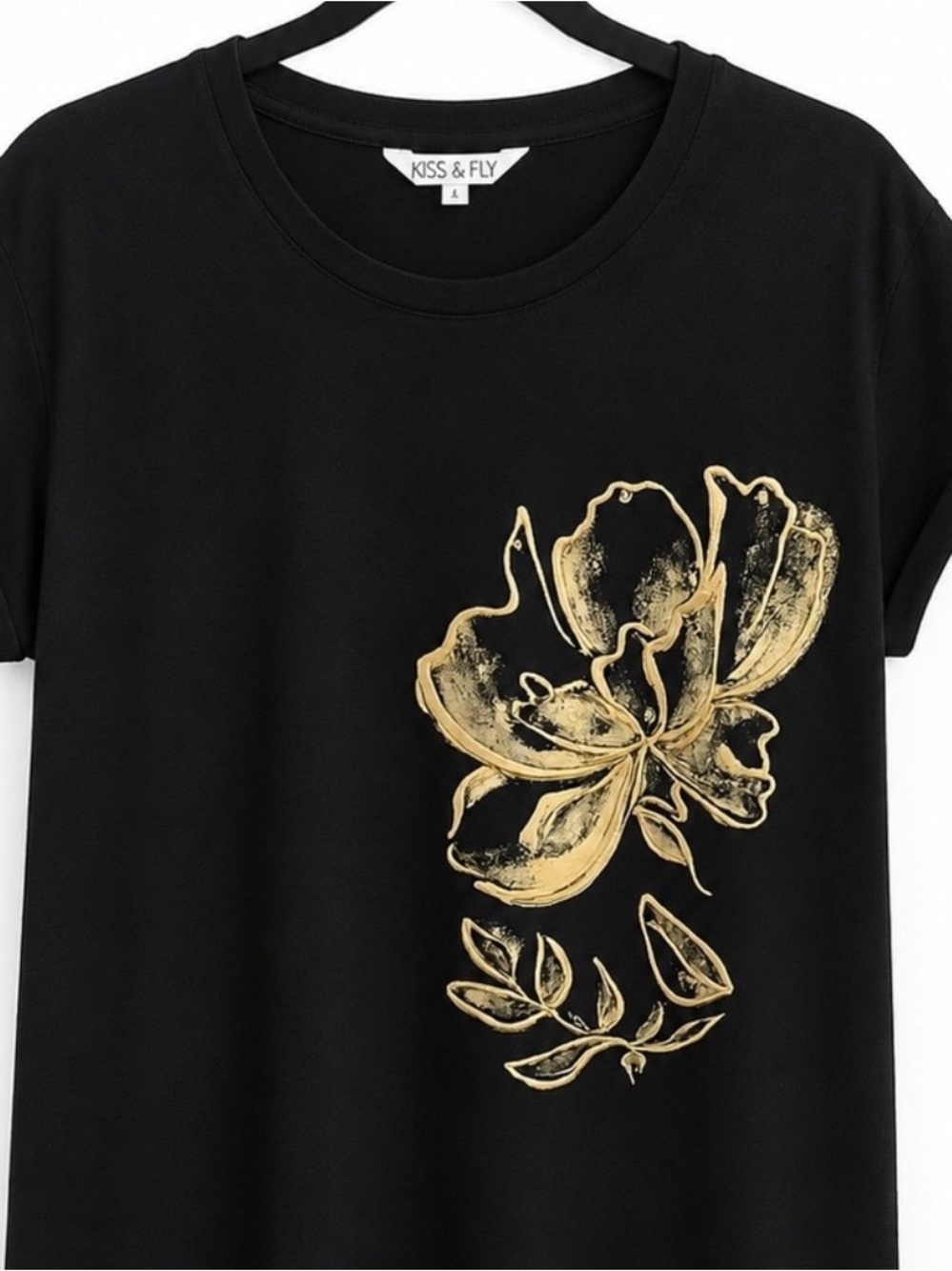 Kiss & Fly Black Short-Sleeve Tee with Gold Floral Motif, Rhinestones
